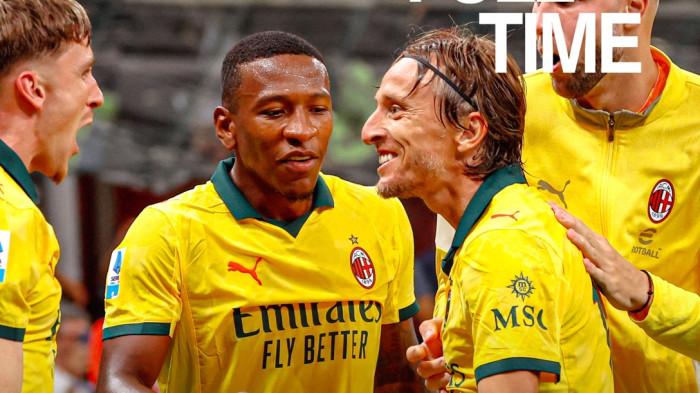 MODRIC CETAK GOL -Gelandang AC Milan Luka Modric selebrasi bersama rekannya usai cetak gol ke gawang Bologna pada pekan ke-3 Liga Italia 2025-2026, Senin (15/9/2025) dini hari WIB.