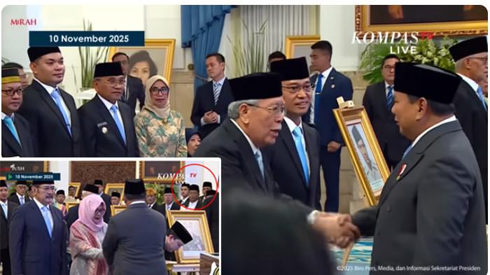 Bertepatan dengan peringatan Hari Pahlawan 2025, Presiden Prabowo Subianto secara resmi menganugerahkan gelar Pahlawan Nasional kepada sepuluh tokoh nasional yang telah berjasa besar bagi bangsa dan negara, pada Senin (10/11/2025). Gubernur Sumut Bobby Nasution turut tampak hadir di Istana Negara bersama Bungaran Saragih, JR Saragih, dan Anton Saragih. (Tangkapan Layar Kompas TV)