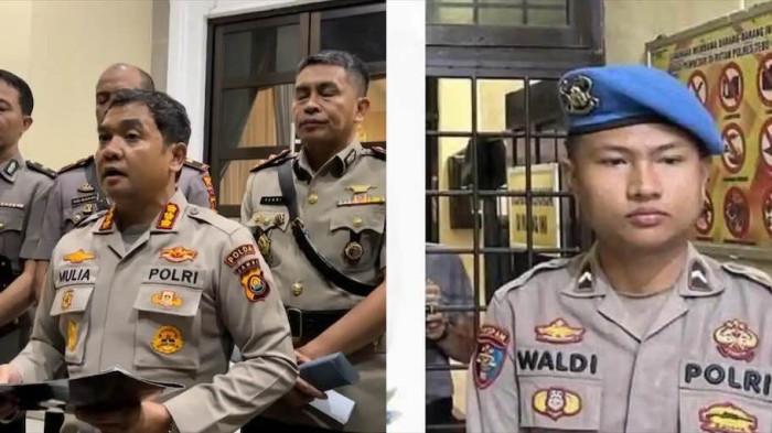 PEMECATAN - Kabid Humas Polda Jambi, Kombes Pol Mulia Prianto, (kiri) menyampaikan pemecatan Bripda Waldi, anggota Polres Tebo yang membunuh dosen EY di Bungo, Jumat (7/11/2025) pukul 22.00 WIB.