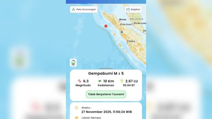 CUACA EKSTREM - Rekaman titik kordinat pusat gempa yang terjadi hari ini, Kamis (27/11/2025). Berdasarkan keterangan dari BMKG wilayah I Medan, gempa berkekuatan 6.3 SR ini bertitik di Sinabang, Aceh.