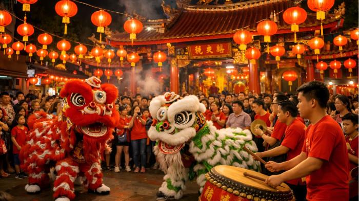 MERIAH- Ilustrasi perayaan Cap Go Meh yang berlangsung meriah di depan sebuah kelenteng. Tahun ini, Cap Go Meh jatuh pada 3 Maret 2026.