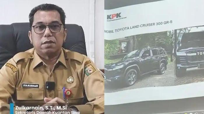 SUAP - Zulkarnain Sekretaris Daerah Kabupaten Kuansing (kiri) dan KPK menunjukkan foto mobil Land Cruiser yang menjadi instrumen suap kepada Bupati Kuansing Suhadirman Amby, Gedung KPK, Jakarta, Rabu (1/7/2026) (kanan). Akhirnya Zulkarnain menyerahkan diri ke Komisi Pemberantasan Korupsi (KPK) bersama Bupati Kuansing Suhardiman Amby Selasa (30/6/2026).
