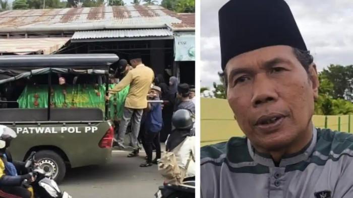 DITABRAK MOBIL SAMPAH - Kolase jenazah saat hendak dimakamkan (kiri) dan Bunyani, seorang imam masjid sekaligus tetangga dekat korban, Selasa (18/11/2025). Sosok Fresdi Samosir (65), seorang warga Kelurahan Pematang Gubernur, Kecamatan Muara Bangkahulu, tewas ditabrak mobil pengangkut sampah.