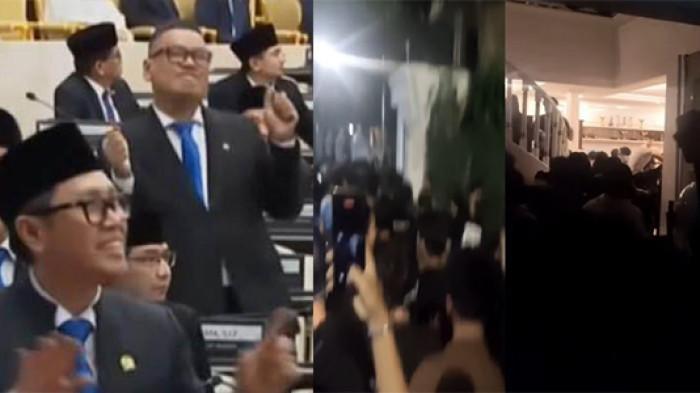 DPR JOGET VIRAL - Video joget sejumlah anggota DPR di dalam gedung paripurna viral diperbincangkan warganet (kiri) dan video yang beredar di media sosial, warga memecah kaca dan menghancurkan benda di rumah Eko Patrio dan Uya Kuya
