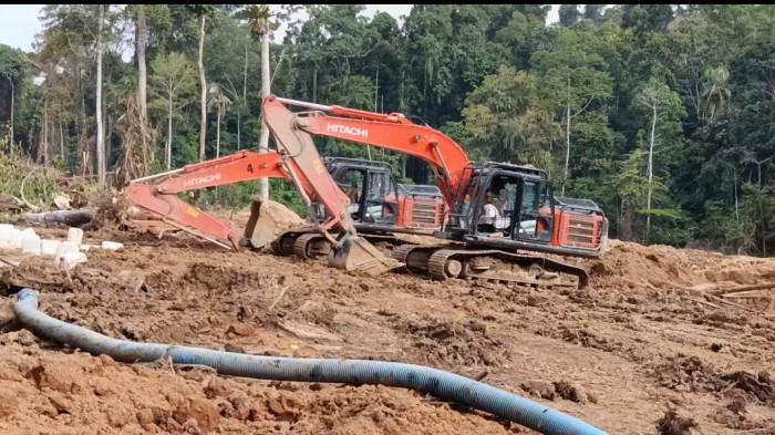 Dua alat berat eskavator di area tambang emas ilegal perbatasan Kabupaten Tapanuli Selatan dengan Kabupaten Mandailing Natal, Senin (2/3/2026). Total alat berat yang diamankan berjumlah 14 ditambah 7 orang pekerja tambang.