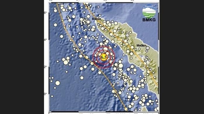 CUACA EKSTREM - Rekaman titik kordinat pusat gempa yang terjadi hari ini, Kamis (27/11/2025). Berdasarkan keterangan dari BMKG wilayah I Medan, gempa berkekuatan 6.3 SR ini bertitik di Sinabang, Aceh.