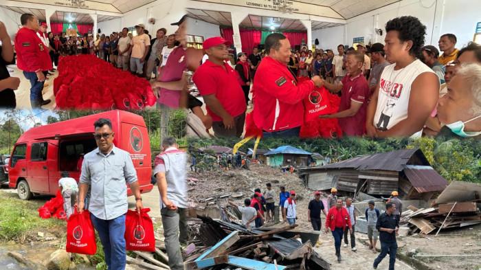 KOLASE FOTO: Ketua DPD PDI Perjuangan Sumut Drs Rapidin Simbolon MM yang juga anggota Komisi XII DPR RI didampingi Fraksi PDIP DPRD Taput, Rudy Nabababan Ketua DPRD, Jimmy Tambunan, Sabungan Parapat menyerahkan bantuan gotong royong DPD PDIP Sumut kepada para pengungsi longsor di Desa Sibalanga, Adiankoting, Taput, Selasa (2/4/2025). Di belakang tenda pengungsian, tim SAR masih mencari lima warga yang belum ditemukan.
