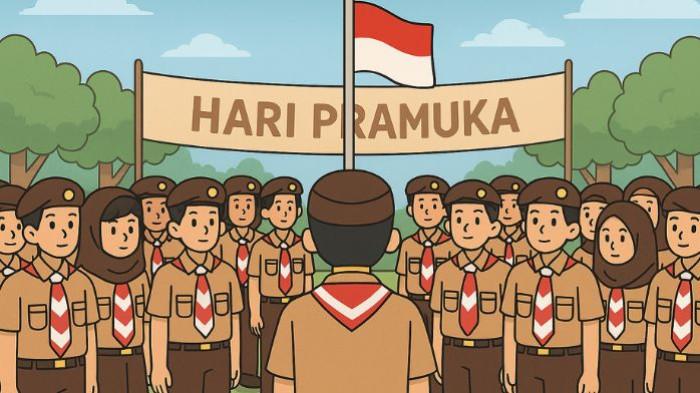 UPACRA- Ilustrasi upacara Hari Pramuka yang diikuti oleh para anggota di lapangan terbuka. Ilustrasi ini dibuat menggunakan aplikasi kecerdasan buatan atau AI, Rabu (13/8/2025).