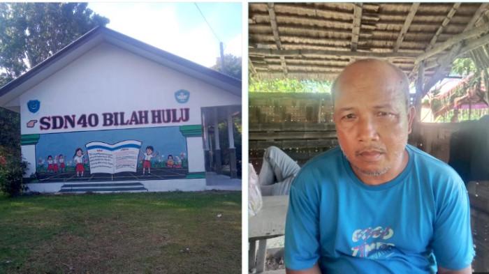 HONOR TAK DIBAYAR: P. Saragih (55) di kawasan SD Negeri 40 Bilah Hulu, Aek Nabara, Kecamatan Bilah Hulu, Kabupaten Labuhanbatu, Provinsi Sumatera Utara, Sabtu (23/8/2025). P Saragih berharap agar honor bulanannya sebesar Rp 500 ribu sejak Maret 2024 hingga Agustus 2025 bisa segera dibayarkan oleh Kepala SD Negeri 40 Bilah Hulu, Musliana S.Pd. (TRIBUN MEDAN/ALI YASIL SAGALA)