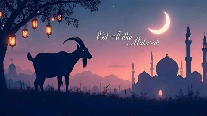 IDUL ADHA- Ilustrasi poster Idul Adha atau Hari Raya Haji dan kurban.