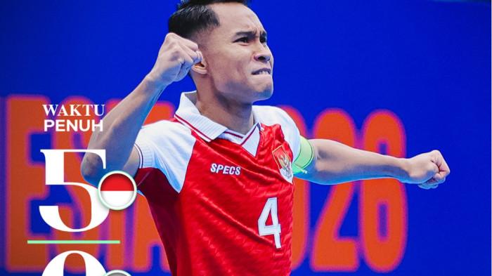 MENANG TELAK - Kapten Timnas Futsal Indonesia, M Iqbal selebrasi usai cetak gol ke gawang Korea Selatan. Iqbal cetak dua gol saat Timnas Futsal Indonesia vs Korea Selatan di Piala Asia Futsal 2026 yang berlangsung di Indonesia Arena, Jakarta, Selasa (271/2026). Indonesia menang telak dengan skor 5-0.
