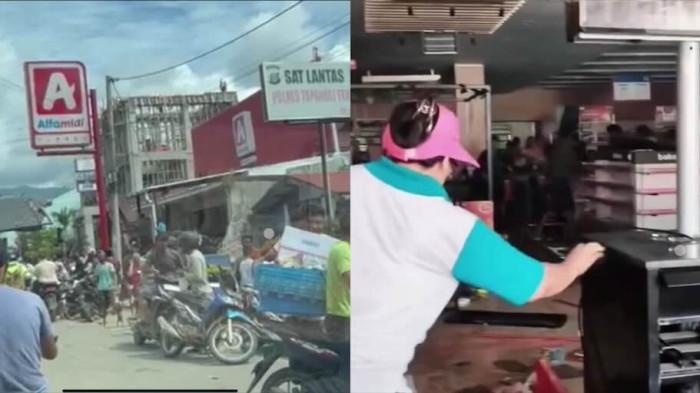 JARAH SWALAYAN - Kondisi di Kecamatan Pandan, Tapanuli Tengah mulai tak kondiusif. Warga yang kesulitan mencari bahan makanan, menjarah sejumlah swalayan, Sabtu (29/11/2025).