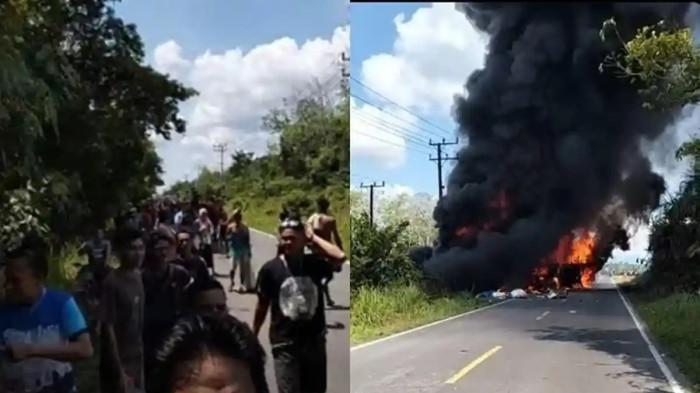 KECELAKAAN BUS- Bus ALS menabrak mobil tangki minyak di Jalan Lintas Sumatera (Jalinsum), Kelurahan Karang Jayo, Kecamatan Karang Jayo, Kabupaten Muratara, kobaran api raksasa disertai asap hitam tebal yang membumbung tinggi ke langit.