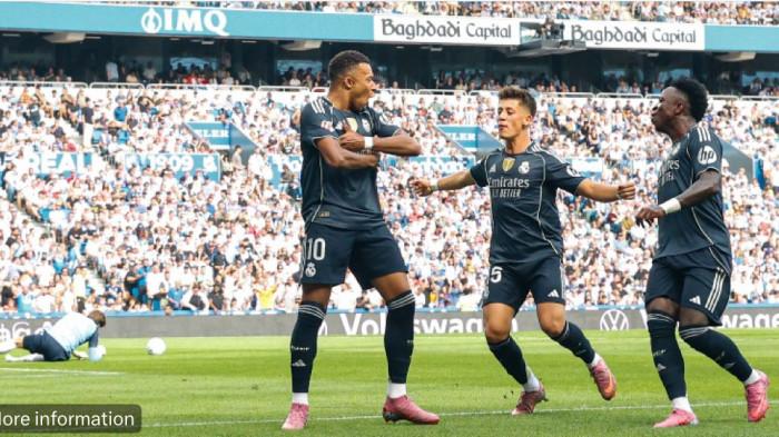 SELEBRASI - Striker Real Madrid, Kylian Mbappe selebrasi usai cetak gol ke gawang Real Sociedad pada pekan ke-4 Liga Spanyol 2025-2026, Sabtu (13/9/2025).