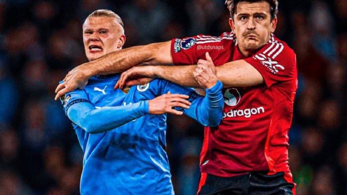 HAALAND VS MAGUIRE - Duel striker Manchester City, Erling Haaland dengan bek Manchester United, Harry Maguire di laga big match Man City Vs Man United.