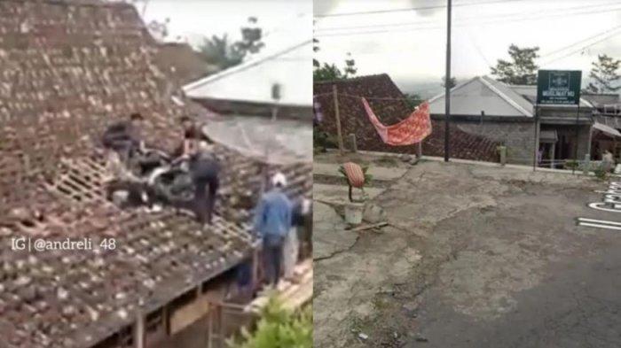 Imbas Rem Blong, Pengendara serta Motor Matiknya Nyangkut di Atas Genteng Rumah Warga