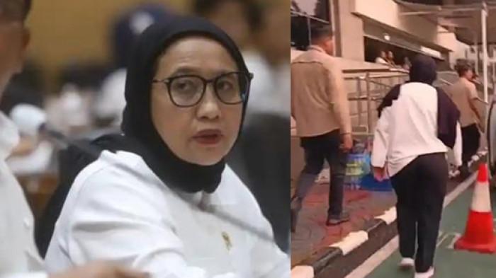 NANIK KABUR DARI WARTAWAN: Kepala Badan Gizi Nasional (BGN) Nanik S Deyang menghindari kejaran wartawan usai rapat tertutup dengan Komisi IX DPR RI di kompleks Parlemen, Senayan, Jakarta, Senin (15/6/2026).