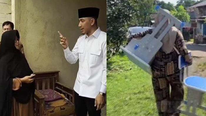 KEPSEK DISEMPROT BUPATI LEBAK - Bupati Lebak Hasbi Asyidiki Jayabaya langsung menegur Kepala Sekolah SDN 2 Pasir Tangkil, Fifi Siti Rofikoh (berjilbab hitam), setelah viral orang tua murid di Kabupaten Lebak, menggotong meja dan kursi seorang diri ke sekolah (kanan), Senin (28/4/2025).