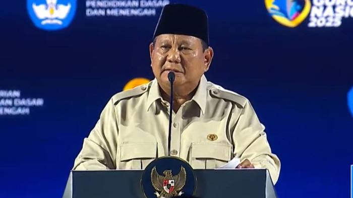 PRESIDEN PRABOWO - Presiden RI Prabowo Subianto berpidato dalam peringatan acara Hari Guru Nasional yang digelar di Indonesia Arena, kawasan GBK, Jakarta, Jumat (28/11/2025).(YouTube Sekretariat Presiden )