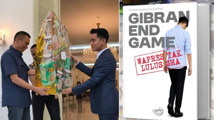 Kolase foto Wakil Presiden Gibran Rakabuming berikan parcel kepada Rismon Sianipar, di Istana Wapres, Jakarta, Jumat (13/3/2026) dan buku Gibran End Game yang akan ditarik Rismon.