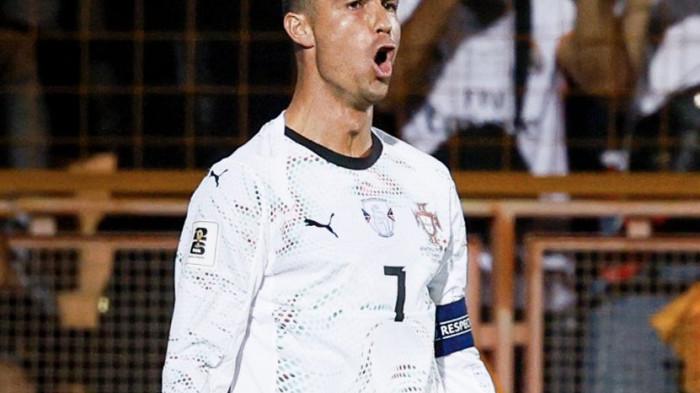 SELEBRASI - Kapten Timnas Portugal, Cristiano Ronaldo selebrasi usai cetak gol ke gawang Armenia pada Kualifikasi Piala Dunia 2026.