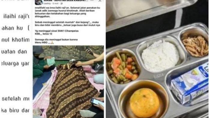SISWI MENINGGAL DUNIA: Tangkapan layar foto unggahan kabar duka siswi di Bandung Barat berinisial BR (17) meninggal dunia (kiri) dikaitkan dengan keracunan Makan Bergizi Gratis (MBG) dan foto isi menu MBG (kanan). Fakta-fakta siswi di Bandung Barat meninggal dikaitkan dengan keracunan MBG, pihak keluarga menolak autopsi.