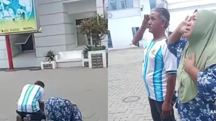 Screenshot sepasang suami istri sujud di depan poster Gubernur Sumut Bobby Nasution dan Wakil Gubernur Sumut Surya. Mereka meminta Pemprov bantu biaya pengobatan anaknya.