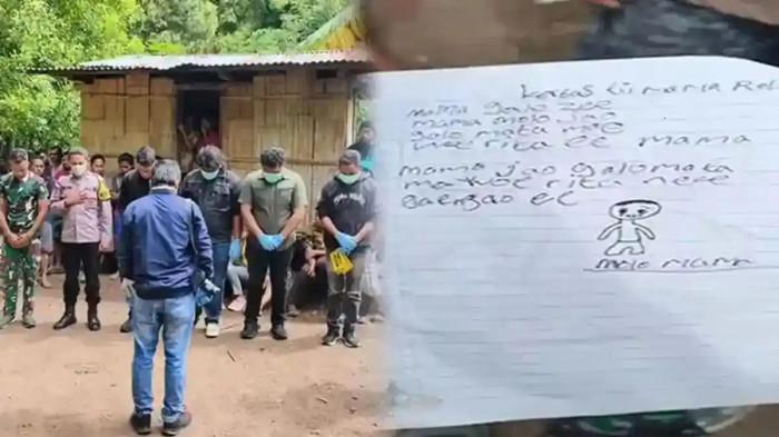 BOCAH TEWAS - Penyidik Polres Ngada saat berada di lokasi kejadian, di wilayah Kecamatan Jerebu, Kabupaten Ngada, NTT, persiapan olah TKP, Kamis (29/01/2026)(kiri). (kanan) Secarik kertas yang ditinggalkan korban untuk sang ibu, ditemukan di dekat lokasi.