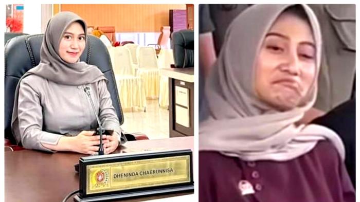 Sosok Dheninda Chaerunnisa (22) mendadak menjadi sorotan publik. Perempuan muda kelahiran 2 April 2003 ini viral di media sosial setelah sebuah video memperlihatkan gesturnya yang dianggap mencibir massa demonstran saat berorasi di depan Kantor DPRD Gorontalo Utara pada 13 Oktober 2025. (Kolase Istimewa)