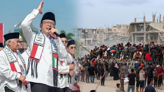 FOTO Menlu RI di Aksi Bela Palestina, Monas, Minggu 3 Agustus 2025. (kiri). Warga Palestina memanjat sisi belakang truk di Beit Lahia, Gaza, pada 29 Juli 2025. Orang-orang yang mengalami bencana kelaparan Gaza ini berupaya mendapatkan bantuan dari truk yang masuk perbatasan Zikim setelah blokade dilonggarkan oleh Israel. Negera Swedia serukan Uni Eropa tangguhkan perdagangan dengan Israel, karena dianggap gagal penuhi kewajiban dan perjanjian untuk beri bantuan kemanusiaan ke Gaza, Palestina. (Kolase Foto Via Kompas.com)