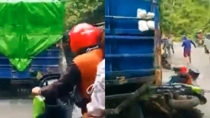 Truk Jalan Mundur karena Gagal Nanjak, Pengendara Motor Hampir Terlindas