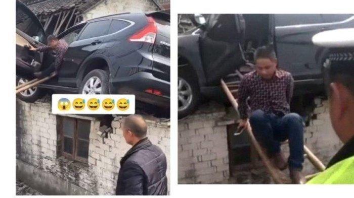 Usai Motor Bocah SD Nyangkut di Genteng, Kini Viral Video Mobil Mendarat di Atap Rumah, Kok Bisa?