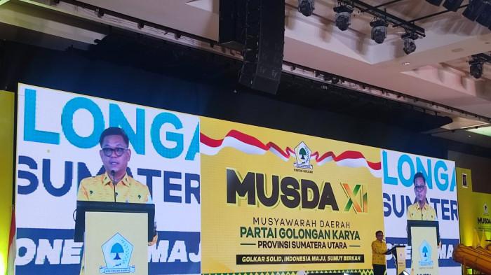 Wakil Ketua Golkar Ace saat memberi kata sambutan pembukaan Musyawarah Daerah Golkar Sumut, di hotel JW Marriott, Medan, Minggu (1/2/2026).