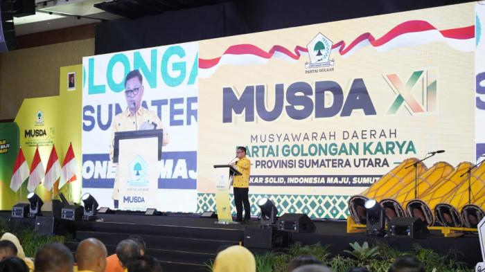 Wakil Ketua Golkar Ace saat memberi kata sambutan pembukaan Musyawarah Daerah Golkar Sumut, di hotel JW Marriott, Medan, Minggu (1/2/2026).