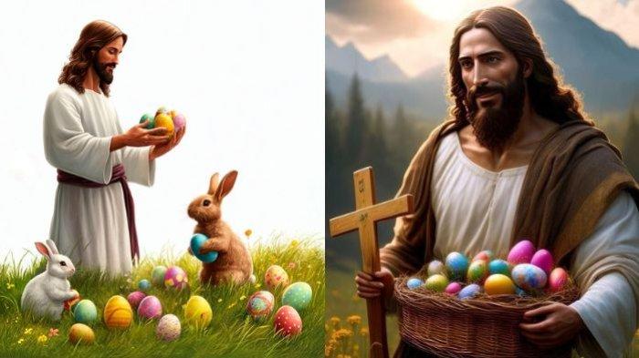 PASKAH- Ilustrasi Yesus Kristus saat membawakan telur coklat sebagai bagian simbol peringatan Paskah.
