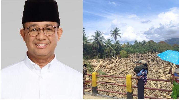 DEFORESTASI LEGAL - Anies Baswedan menyebut 97 persen deforestasi hutan di Indonesia merupakan legal. Sementara itu, para warga sedang melihat kayu gelondongan yang tersapu banjir bandang di Garoga, Batangtoru, Tapanuli Selatan.
