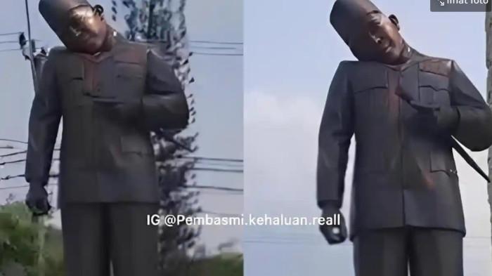 PATUNG SOEKARNO - Patung Soekarno kepala miring viral di latar tugu bambu runcing yang berlokasi di Alun-alun Indramayu, Senin (17/11/2025).
