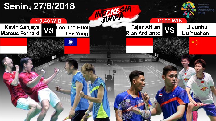 LIVE STREAMING! Kevin-Gideon VS  Lee J-Lee Y di Semifinal Bulutangkis Ganda Putra Asian Games 2018