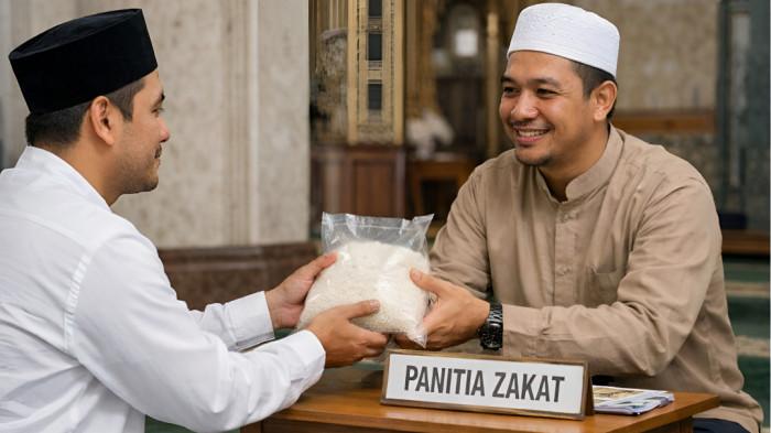 ZAKAT FITRAH- Ilustrasi seorang pria muslim sedang membayar zakat fitrah kepada panitia zakat.