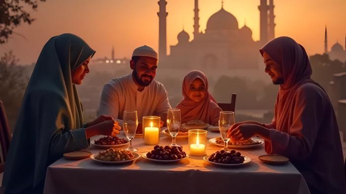 BUKA PUASA- Ilustrasi sebuah keluarga kecil saat berbuka puasa dengan suasana yang hangat dan sederhana.