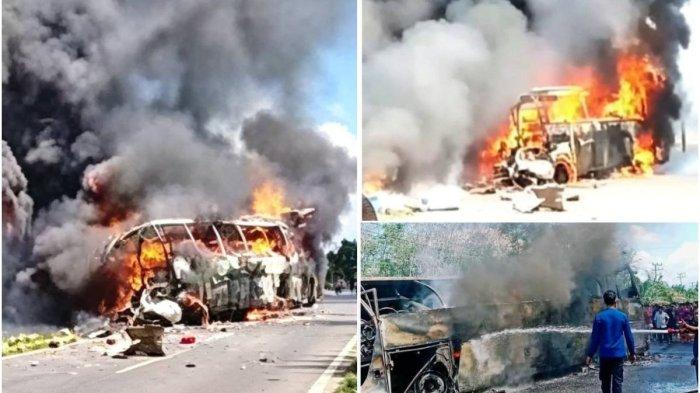 TABRAKAN - Bus ALS terlibat tabrakan maut versus truk tangki pengangkut BBM di Simpang Danau Kecamatan Karang Jaya, Muratara, Rabu (6/5/2026). Insiden ini menimbulkan kebakaran hebat dan menewaskan 16 orang. (Istimewa/tribunmedan.com)
