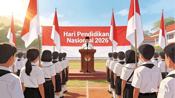 UPACARA SEKOLAH- Ilustrasi seorang guru saat menyampaikan pidato pada upacara sekolah di momen Hari Pendidikan Nasional 2026.