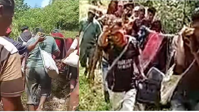 DITANDU - Seorang ibu hamil bernama Tuti Daulay ditandu warga ramai-ramai saat hendak melahirkan, Sabtu (9/5/2026). Ia merupakan warga Dusun Aek Nabara, Desa Dalihan Natolu, Arse, Tapanuli Selatan.