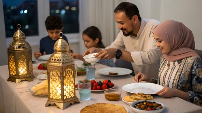 BUKA PUASA- Ilustrasi sebuah keluarga kecil saat melaksanakan buka puasa dalam suasana yang hangat.