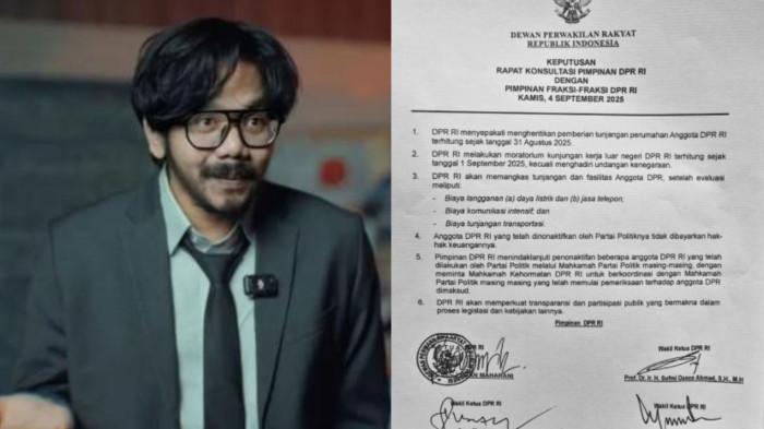 TUNTUTAN RAKYAT - Kolase Ferry Irwandi (kiri) dan 6 poin DPR RI jawab 17+8 tuntutan rakyat (kanan). Setelah DPR RI resmi mengumumkan enam poin keputusan sebagai jawaban atas 17+8 Tuntutan Rakyat, aktivis Fery Irwandi akhirnya buka suara.