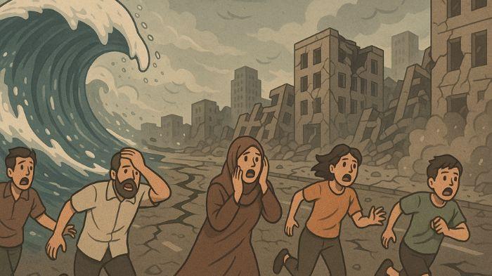 TSUNAMI- Ilustrasi bencana tsunami yang melanda sebuah kawasan. Ilustrasi ini dibuat menggunakan aplikasi kecerdasan buatan atau AI, Rabu (30/7/2025).