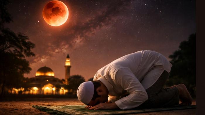 SHALAT GERHANA- Ilustrasi seorang muslim saat melaksanakan shalat gerhana atau shalat khusuf ketika melihat gerhana bulan total.