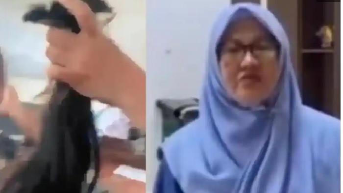 RAMBUT SISWI DIPOTONG - Kolase tangkapan layar sejumlah siswi SMKN 2 Garut harus rela dipotong rambut secara paksa oleh guru BK.