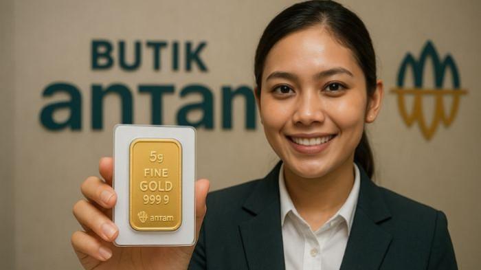 EMAS ANTAM- Ilustrasi petugas Butik Antam memperlihatkan emas Antam. Ilustrasi ini dibuat menggunakan aplikasi kecerdasan buatan atau AI, Selasa (12/8/2025).