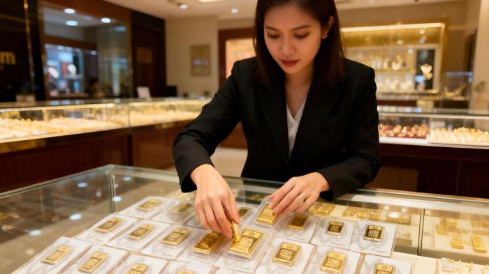 MEMBERSIHKAN ETALASE- Ilustrasi seorang wanita penjaga toko emas sedang membersihkan dan merapikan isi dari etalase yang memajang emas batangan.